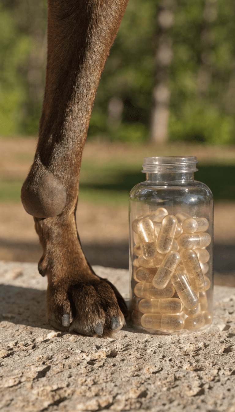 "close-up of dog joints/ankle with vet product bottle"