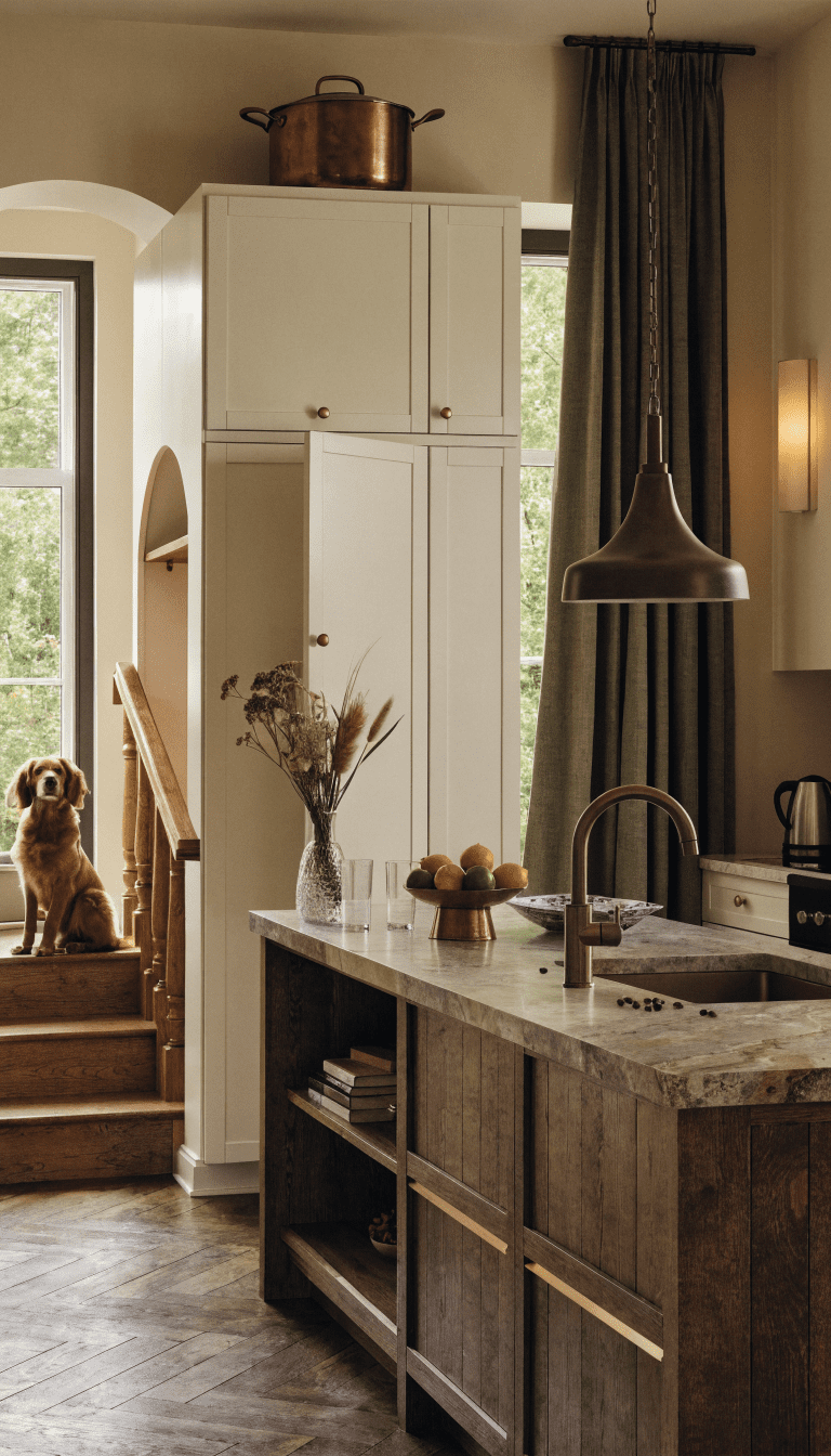 "soft-lit, modern kitchen scene with dog on stairs"