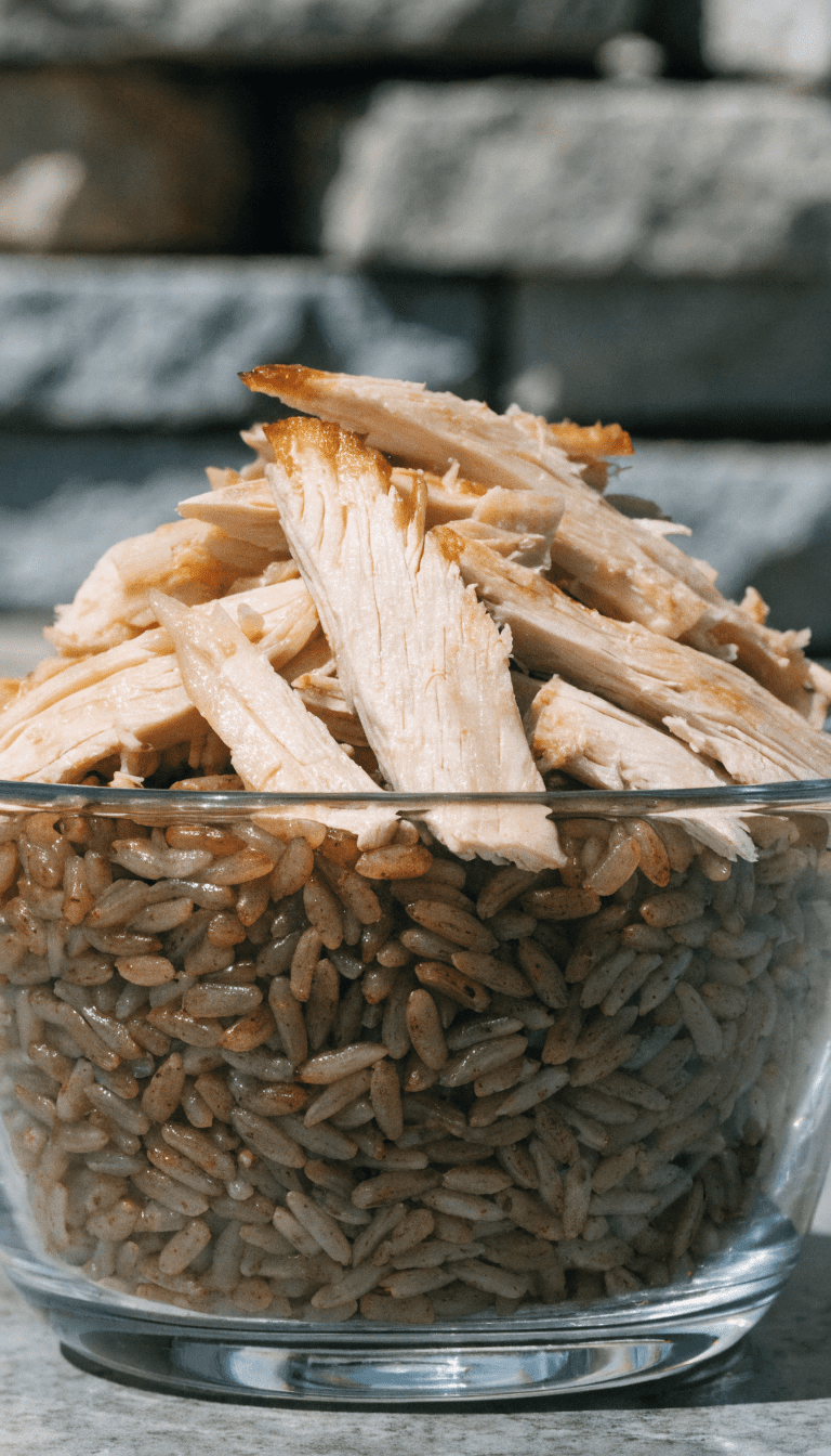 "Shredded chicken and brown rice bowl for puppy meal"