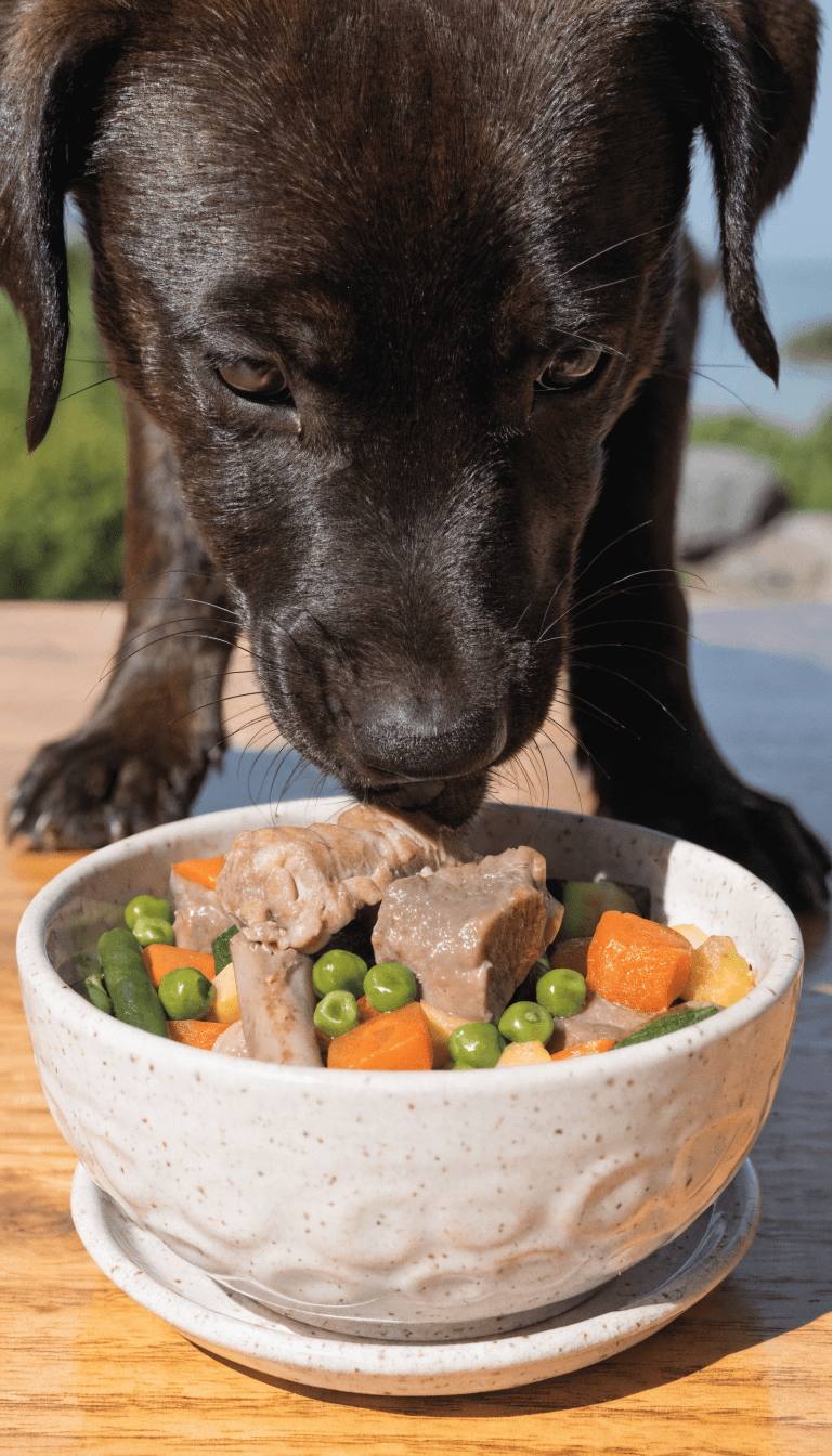 "Close-up of puppy with glossy coat eating protein-rich dish"
