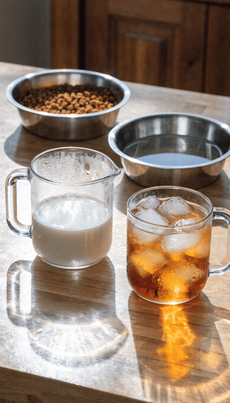 "Bright kitchen scene with measuring cups and puppy bowls"