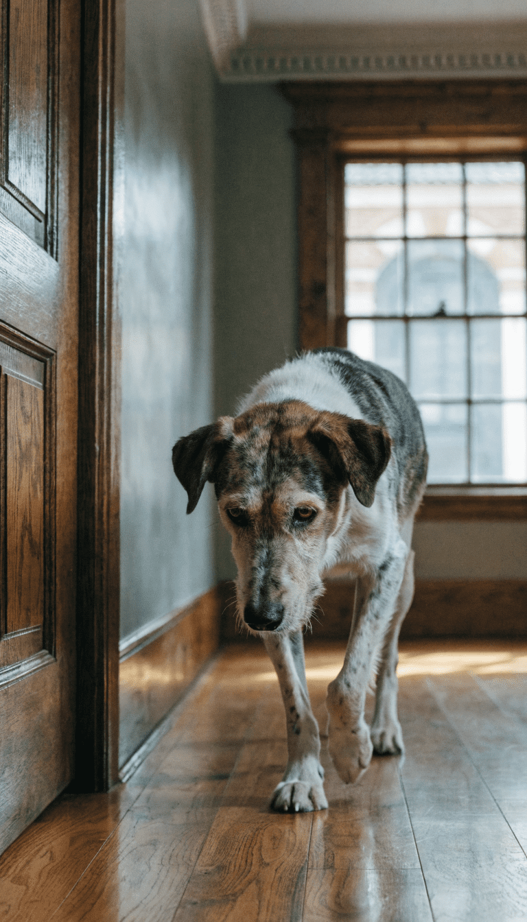 "older dog limping on hardwood floor"