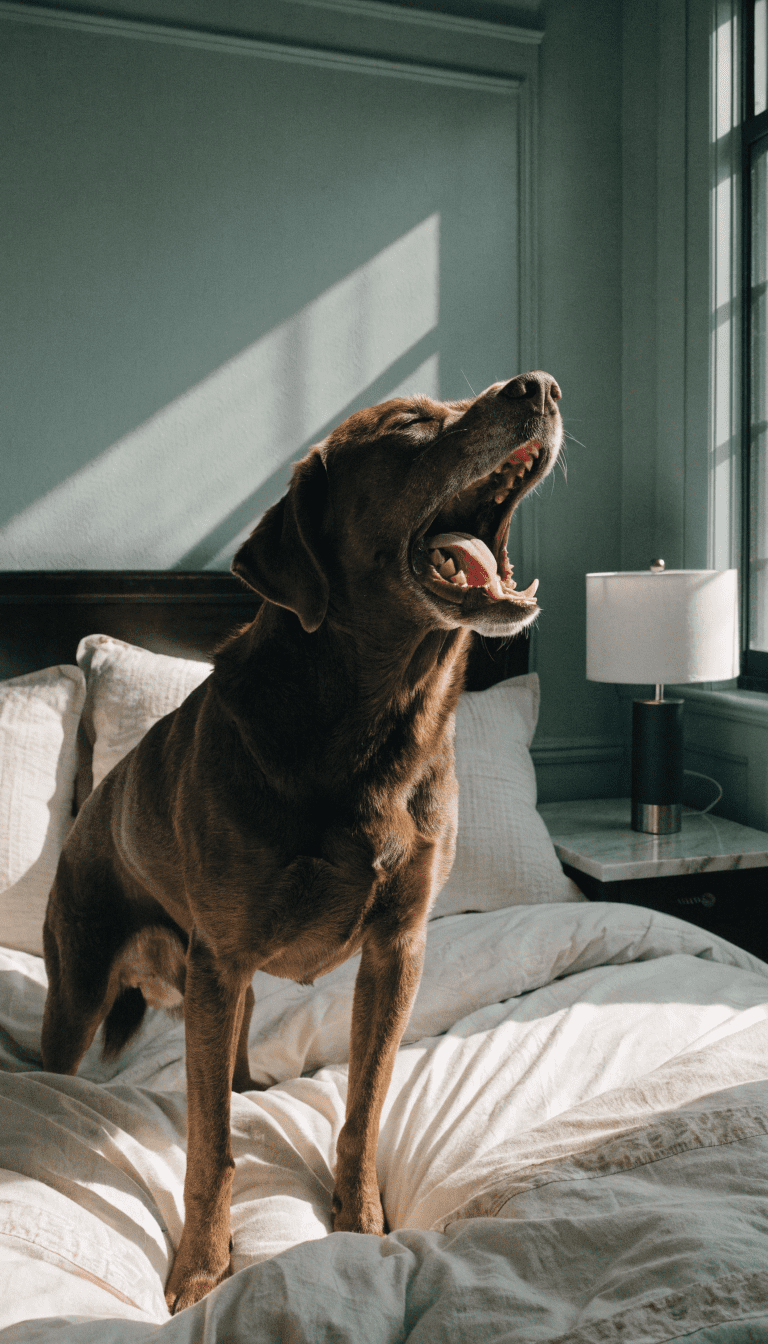 "dog rising slowly from bed, yawning"