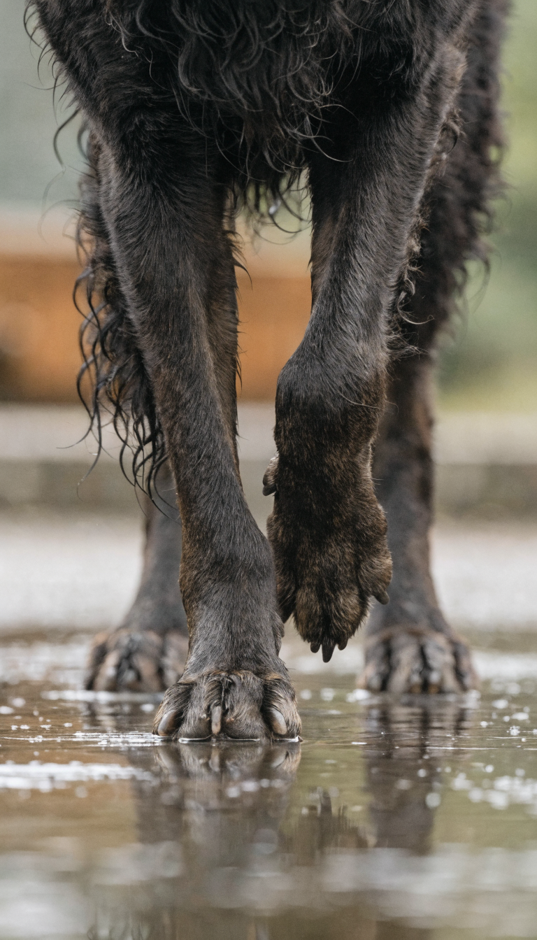 "paws and legs close-up, slight limp"