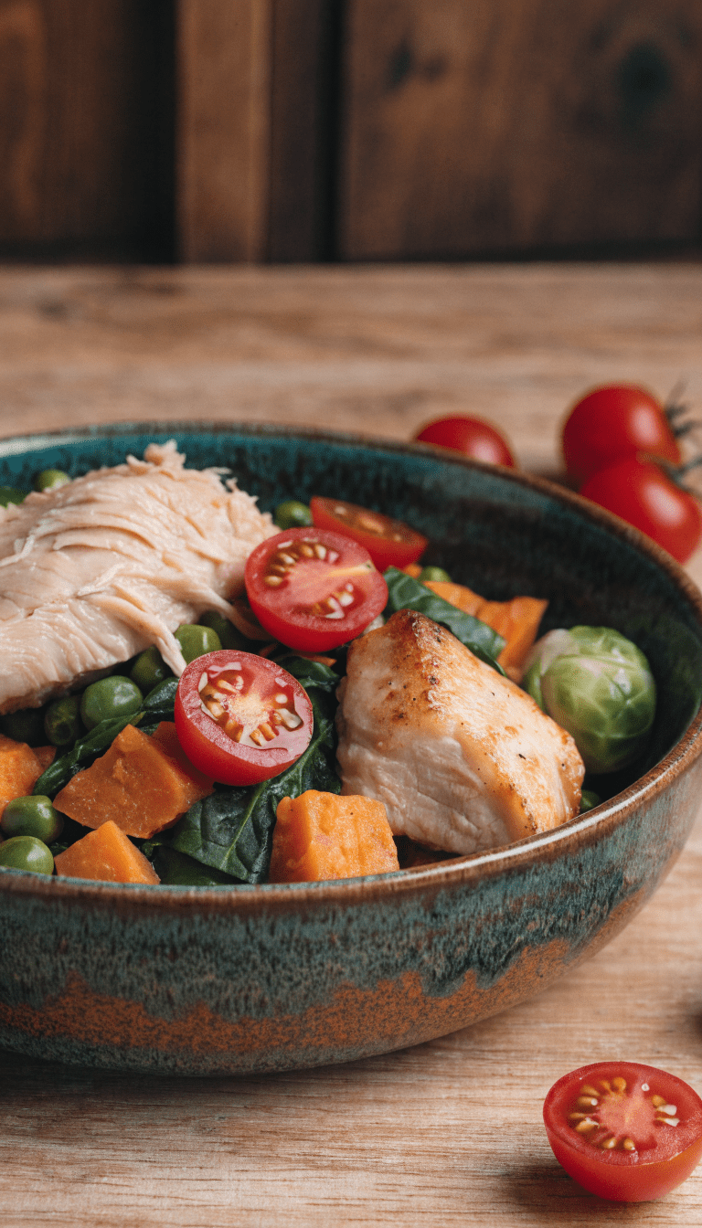 "dog breakfast bowl with cooked ingredients and veggies"