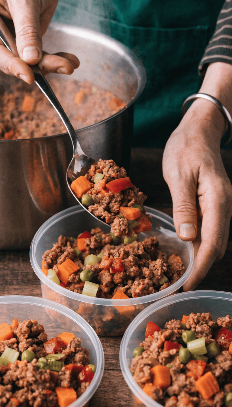 "hands scooping homemade dog food into portioned containers"