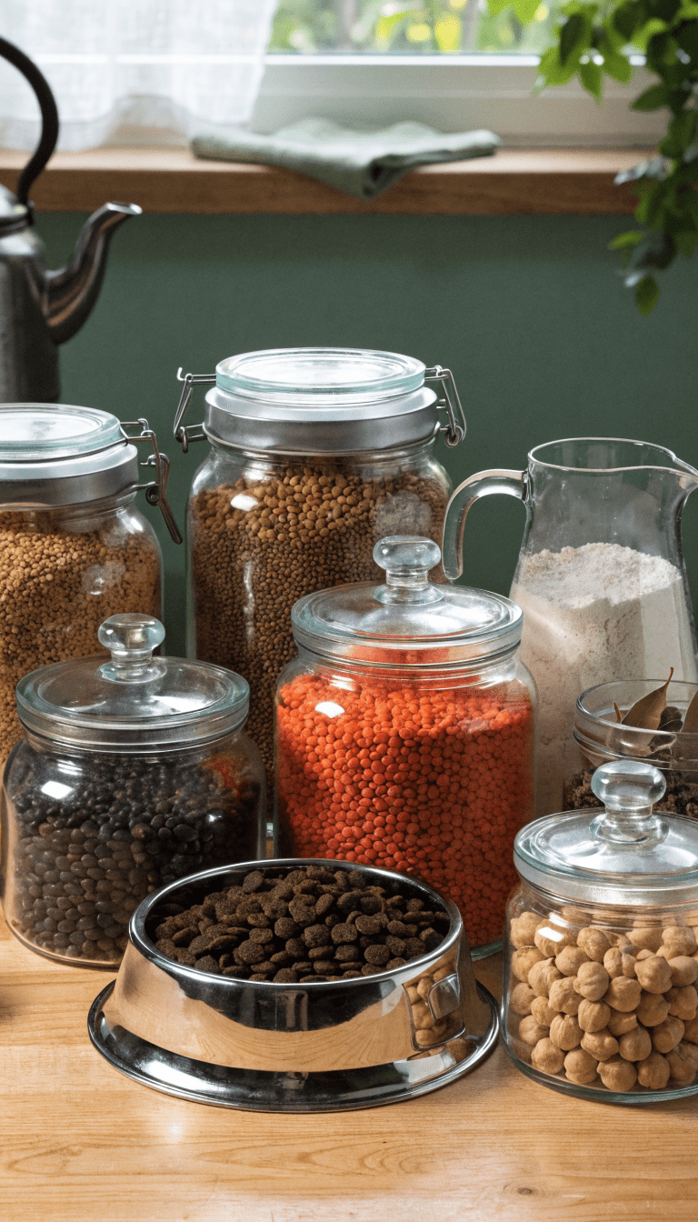 "kitchen counter scene with labeled dry ingredients and dog bowl"