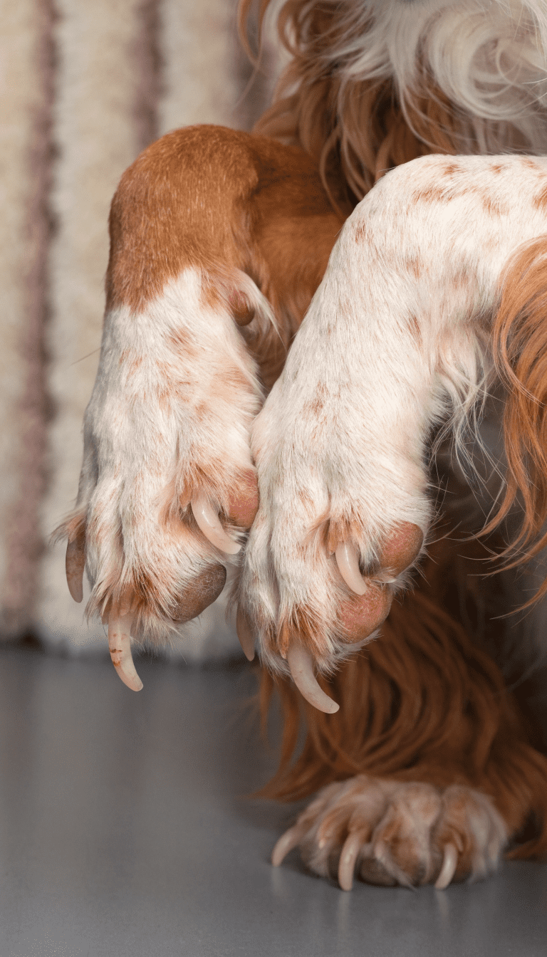 "Paws with subtle skin irritation, soft background studio"