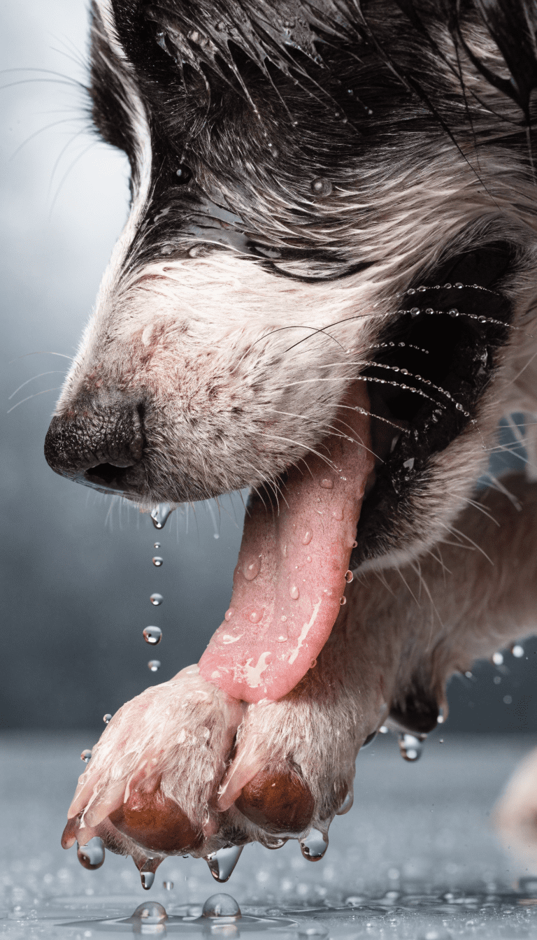 "Close-up of dog's paw lick, clinical setting, high detail"